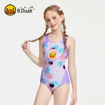 B.Duck Girls' One-Piece Swimsuit with Triangle Cute New Style Hot Spring Professional Training Competition Swimsuit for Middle School Students