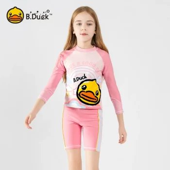 ‌B.Duck Girls' 2-Piece Swim Set - Long Sleeve Rash Guard & Swim Shorts (UPF 50+/Quick-Dry)‌