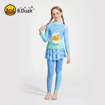 B.Duck 2025 Girls' Swim Dress Set - Modest Long Sleeve Rash Guard & Swim Pants for Teen Girls