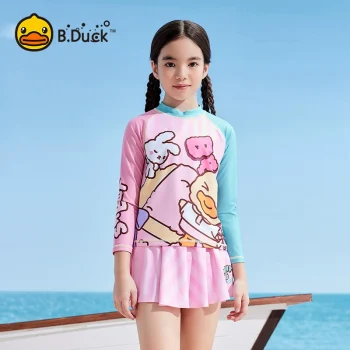 B.Duck children's two-piece swimsuit with skirt and long sleeves, new cute cartoon style for girls and toddlers, designed for training purposes