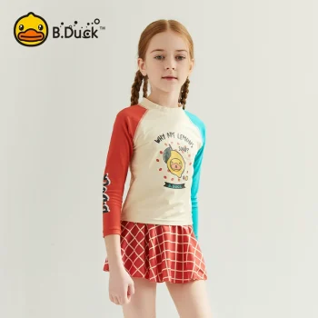 ‌B.Duck girls' long-sleeve two-piece swimsuit with skirt (beach & sun protection for toddlers)‌