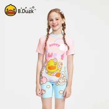 B.Duck Girls' One-Piece Swimsuit - Flat-Cut Quick-Dry Cute Princess Style Conservative Swimwear for Vacation (New Design)