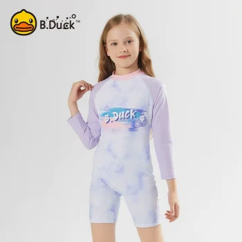B.Duck Girls' One-Piece Long-Sleeve Swimsuit – UV Protection Professional Swimwear for Older Kids & Teens (Pool Training)
