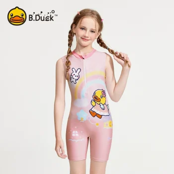 B.Duck Girls' One-Piece Flat-Cut Swimsuit – New Cute & Elegant Hot Spring/Racing Swimwear for Older Kids