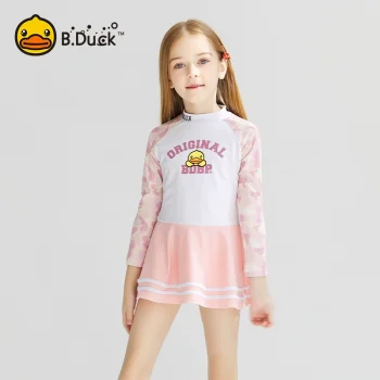 B.Duck Girls' Long-Sleeve One-Piece Swimsuit Dress - New Quick-Dry Fashionable Princess Vacation Swimwear
