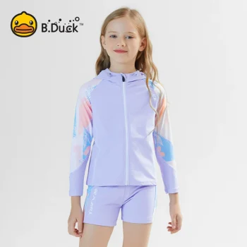 ‌B.Duck Girls' Long-Sleeve Hooded Two-Piece Swim Set - Quick-Dry & Sun Protection (New Style for Professional Training)‌