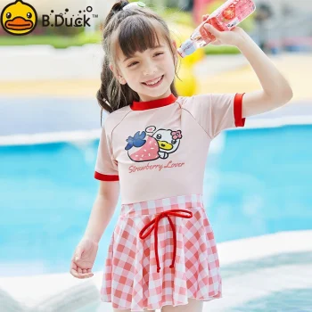 B.Duck Children's Swimsuit for Girls One-Piece Cute New Checkered Princess Dress Mid-Older Kids Training Swimwear