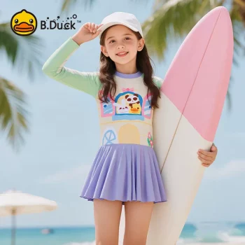 B.Duck Girls' One-Piece Swim Dress - Long Sleeve Princess Style in Fresh Green (2025 New Collection)