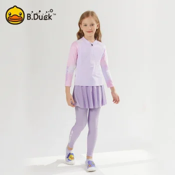 B.Duck Girls' Long-Sleeve & Long-Pants Swimsuit Set – UV Protection Swimwear for Toddlers to Older Kids (Professional Design)
