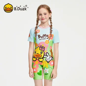 B.Duck Girls' One-Piece Flat-Cut Swimsuit – New Cute & Comfortable Training Swimwear for Older Kids