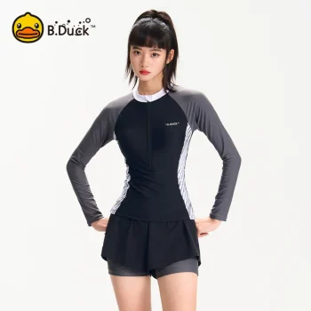 B.Duck Women's UV Protection Swimwear Set: Long-Sleeve Rash Guard + High-Waisted Bottom | 2025 New Modest Swimwear for Diving & Water Sports
