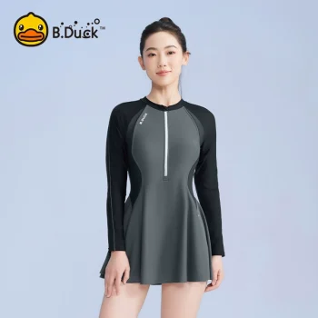 B.Duck Women's 2025 Modest One-Piece Swimsuit - Long Sleeve Rash Guard with Tummy Control & UV Protection (Hot Spring & Pool Use)