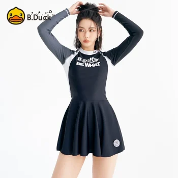 B.Duck Women's One-Piece Swim Dress: Slimming Long-Sleeve Rash Guard with Skirt Modesty Panel | Plus-Size UV Protection for Swimming & Water Sports