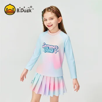B.Duck Girls' Long-Sleeve Two-Piece Swimsuit Set - Colorful Princess Dress Style for Big Kids' Professional Swimming