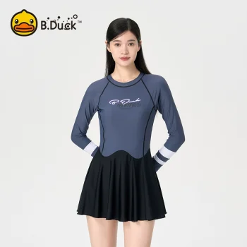 B.Duck Women's 2025 Long-Sleeve Swim Dress: Plus Size UV Protection One-Piece with Skirt Cover | Trendy Modest Beachwear