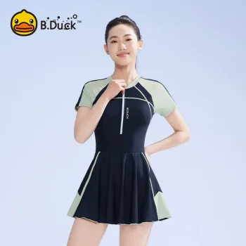 B.Duck Women's 2025 Performance SwimsuitModest Skirted One-Piece | UPF50+ Long Sleeve with Tummy Control for Plus Size