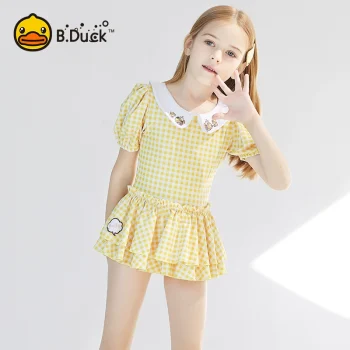 B.Duck Girls' Swimsuit - Cute Yellow Checkered Dress Style, Fashionable New Princess One-Piece Swimsuit for Baby & Toddler